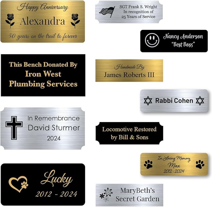 GEM AWARDS Custom Engraved Name Plates with Adhesive, Made in USA, Personalized Pet Urn Memorial Plaque, Art Tag, Flag Case (Black Plate/Gold Text, 2x4 Inch)