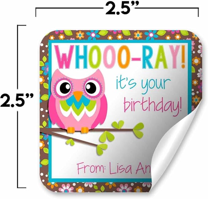 Custom & Personalized Colorful Floral Owl Happy Birthday Gift Tag Sticker Labels, 24 2.5" Square Stickers by Amanda Creation