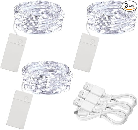3 Pack Rechargeable String Fairy Lights 10ft 30 LED, Christmas Starry Lighting Silver Copper Wire 4 Modes, Waterproof Cool White Micro Firefly Moon Light with USB Cable