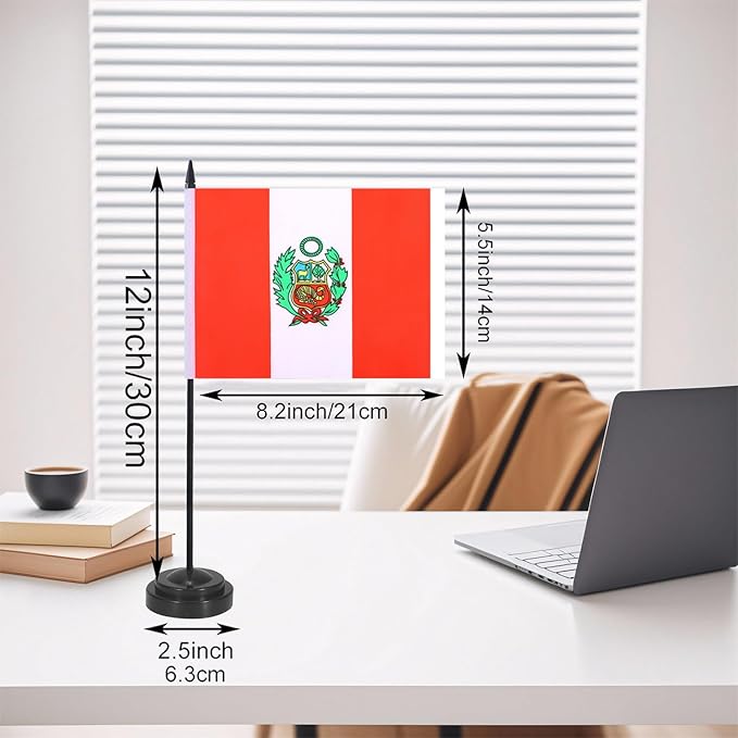 Peru Desk Flag 12" Solid Pole Deluxe Set Peruvian Flags Banner Mini Small Peru Office Table Flags with Black Stand Base Desktop Decorations(2Pack)