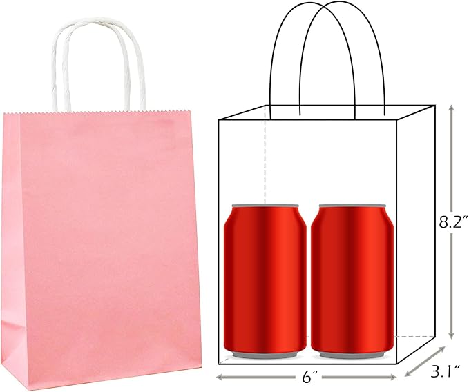 25 PCS Small Gift Bags Blush Pink Kraft Paper Bag with Handles for Party Favors (8.2 x 6 x 3.1 In)