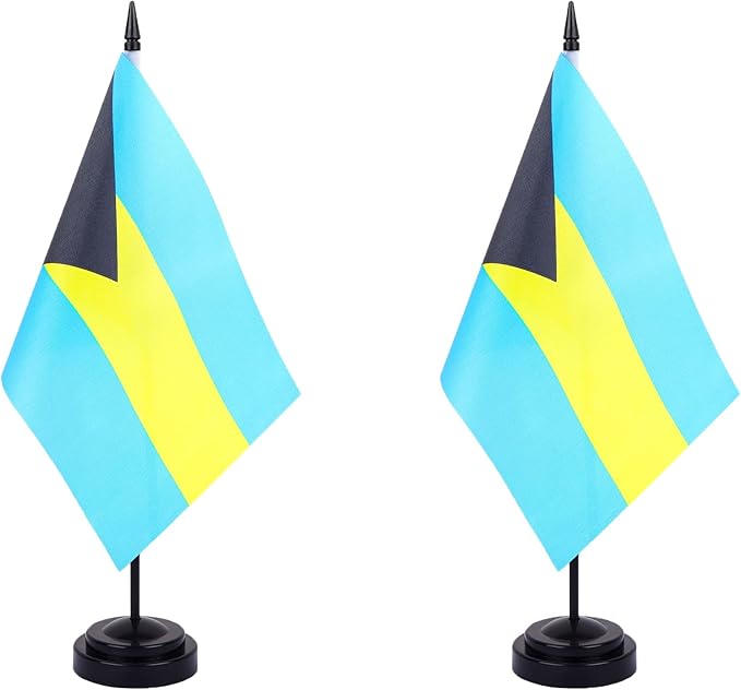 Bahamas Desk Flag 12" Solid Pole Deluxe Set Bahamian Flags Banner Mini Small Bahamas Office Table Flags with Black Stand Base Desktop Decorations(2Pack)