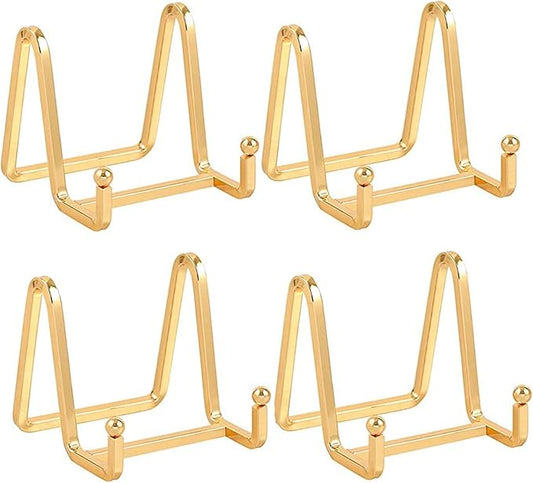 Plate Holder Easel Display Stand - 3 inch Metal Plate Stands for Display - Tabletop Picture Stand - Gold Iron Easels for Display Pictures | Photo Frames | Book | Decorative Plates | Plaque - 4 Pack