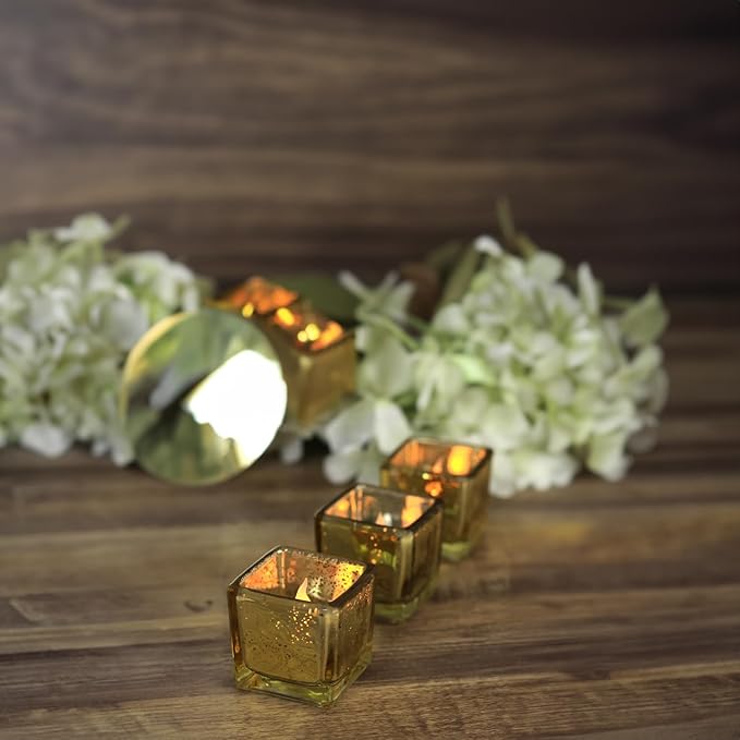 WGV 2 Inch Gold Speckle Square Cube Glass Votive Candle Holder, Small Tiny Mercury Tea Light 2x2”, 1 Pc