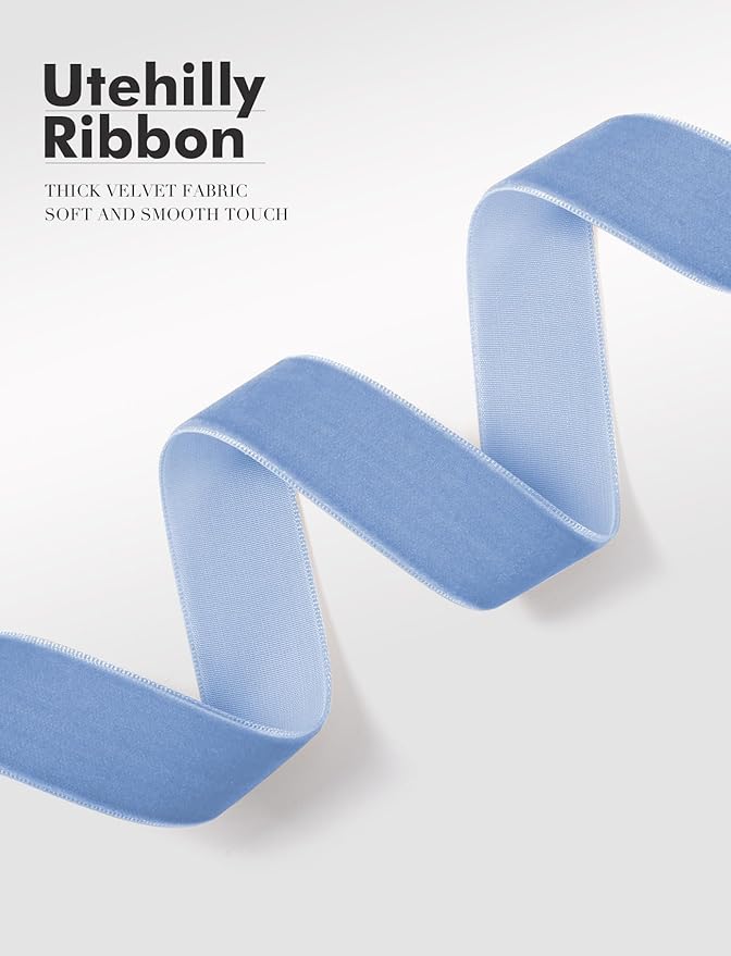 Light Blue Christmas Velvet Ribbon for Tree, Gift Wrapping, Flower Bouquet, Wreath Decorations, Bow Making 5/8'', 25 Yards
