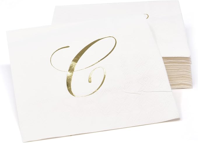 Gift Boutique 100 Gold Monogram Cocktail Napkins Letter C Disposable Paper Pack Elegant Metallic Golden Foil Beverage Napkin for Wedding Holiday Tea Party Bridal & Baby Shower Decorative Napkin