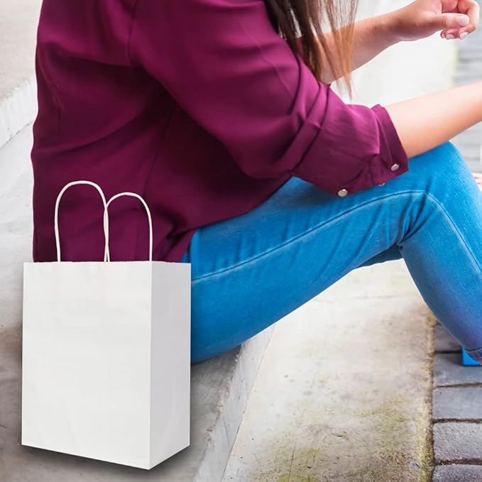Oikss 50 Pack 8x4.75x10 Inch Medium White Kraft Paper Bags with Handles Bulk for Birthday Wedding Party Favors Grocery Retail Shopping Takeout Business Goody Craft Gift Bags Sacks, 50 Count