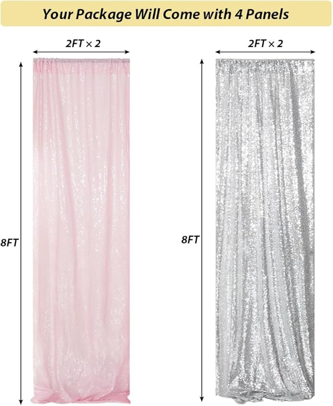 Juya Delight 4 Panels Silver&Pink Sequin Backdrop Curtain 2FTx8FT Glitter Sequin Backdrop Curtains for Birthday Party Wedding Decoration