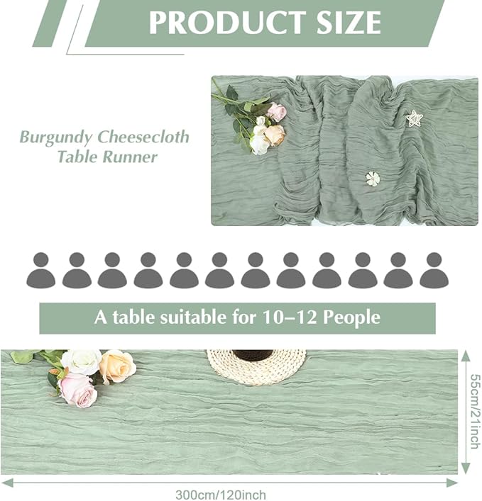 10 Pack Sage Green Cheesecloth Table Runner -21*120Inch Long Boho Wedding Table Decor, Rustic Gauze Fabric Runner for Bridal Showers, Baby Showers & Parties (Sheer, Lightweight, Wrinkled Design)