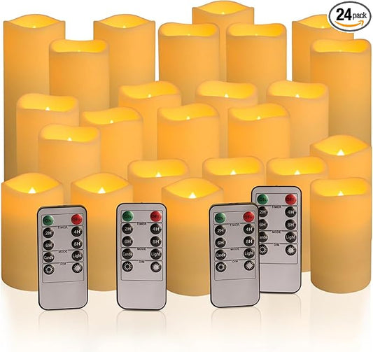 24-Pack LED Flameless Candles with Remote Control -Remote flameless Candles- Timer Candles -3D Flame, for Halloween Christmas Parties,Wedding,Home,Gift and Special Occasions(Three Sizes)