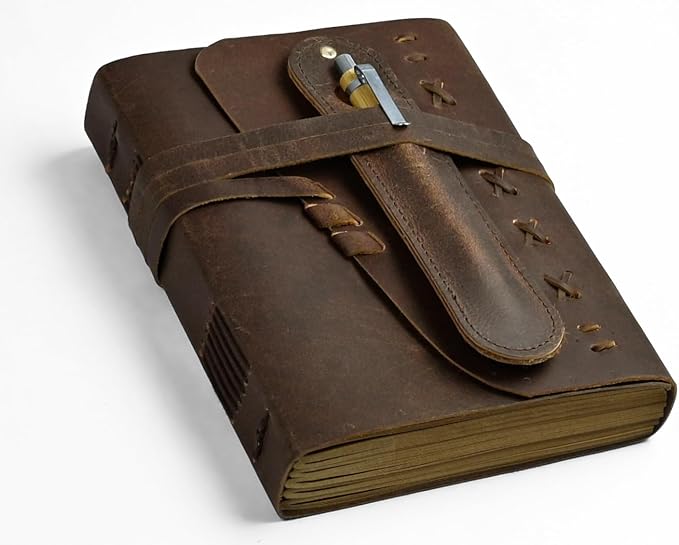 Leather Journal Notebook for Men & Women Daily Vintage Leather Bound Journal Travel Notebook 290 Lined Paper Diary Writing Journal Travelers Scrapbook Poetry Sketchbook Leather Gifts with Pen Holder