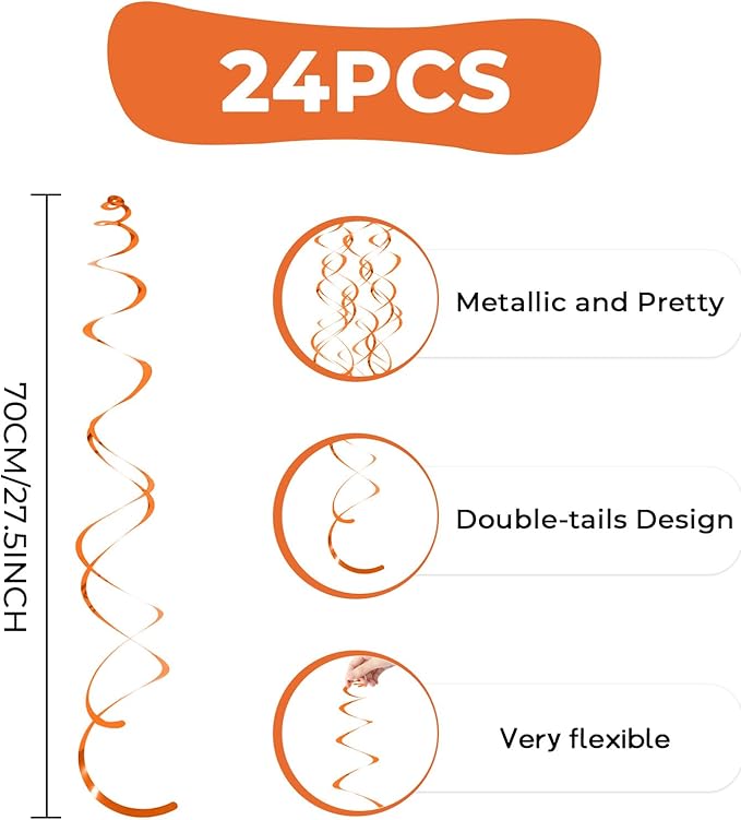 24 PCS Orange Hanging Swirl, Sparkle Ceiling Decorations, Plastic Streamer Party Decorations with Double-Swirls and Single-Swirls for Birthday Decorations, Graduation, Halloween, Baby Shower