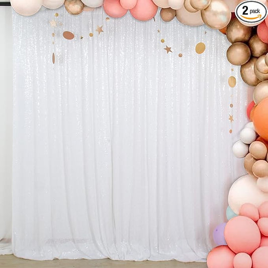ShinyBeauty White Sequin Backdrop Curtain 2 Panels Seuqin Bakdrop 4X8FT Photo Backdrop for Party Wedding Backdrop 8FT White Glitter Backdrop Curtain for Baby Shower Decoration