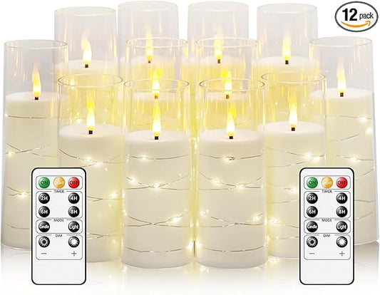 Flameless Candles with Embedded Star String - Battery Operated LED Candles, with Remote,12 White Flickering Candles for Christmas, Weddings, Home Decor & Party,(D 2.3"×H 5" 6" 7")