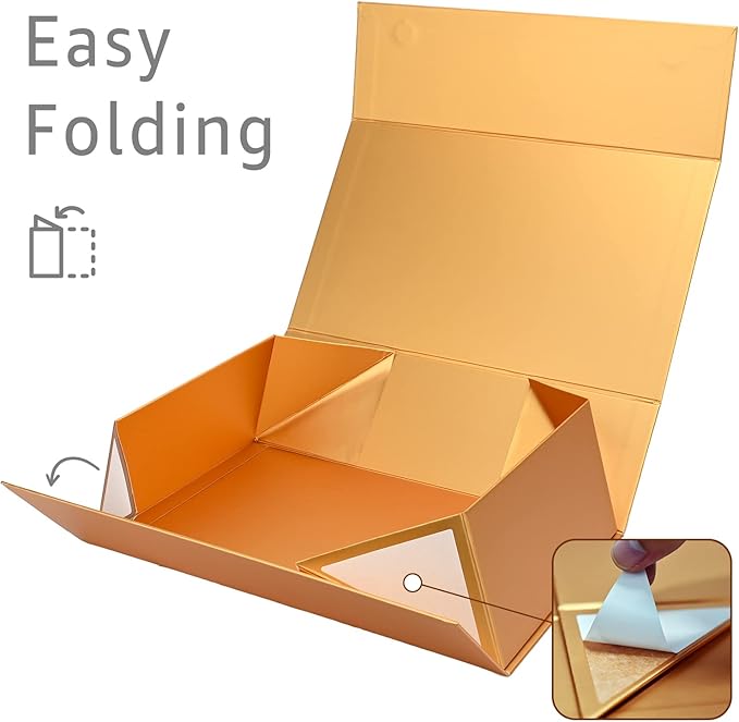 LIFELUM Gold Gift Boxes with Lids,1 Pack 13.85 x 8.35 x 4.45 inch Gift Box with Ribbon, Card, Shredded Paper Filler Gift Box for Valentine's day,Christmas,Birthdays, Bridal Gifts,Weddings
