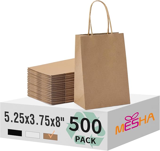 MESHA Kraft Paper Bags 5.25X3.75X8 Brown Small Gift Bags with Handles Bulk,500 Pcs for Small Business,Birthday Wedding Party Favor, Paper Shopping