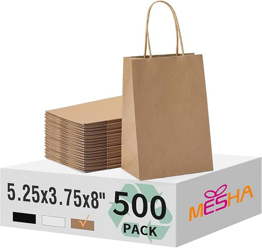 MESHA Kraft Paper Bags 5.25X3.75X8 Brown Small Gift Bags with Handles Bulk,500 Pcs for Small Business,Birthday Wedding Party Favor, Paper Shopping