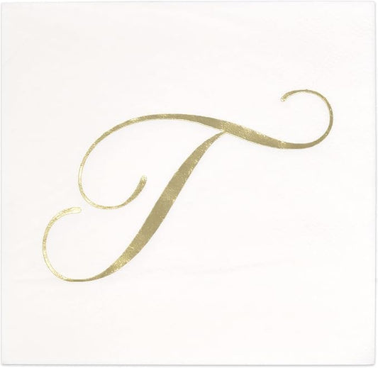 Gift Boutique 100 Gold Monogram Cocktail Napkins Letter T Disposable Paper Pack Elegant Metallic Golden Foil Hand Napkin for Powder Room Wedding Holiday Birthday Party Baby Shower Decorative Towels
