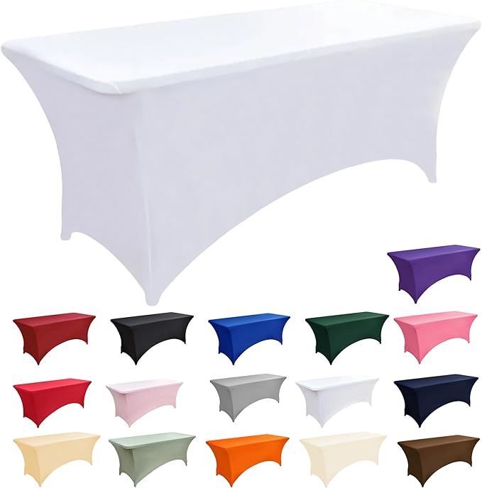 10-Pack 6ft White Spandex Table Covers for Rectangle Standard Folding Tables - Wrinkle Resistant Stretch Tablecloths - Ultimate Fitted Table Protector for Parties, Banquet, Wedding