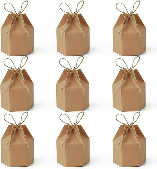Zontween 50 Pack Hexagon Paper Box With Twines Kraft Paper Hexagon Boxes With Twice Candy Favor Present Boxes For Wedding Birthday Brown
