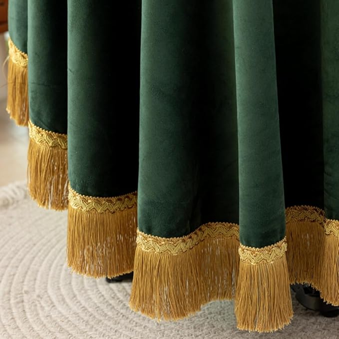 F-CHU Luxury Green Tablecloth Thickset Velvet Tablecloth with Beautiful Gold Tassels Table Cloth for Home Decor Wedding, Party, Banquet and Events 60x70-Inch