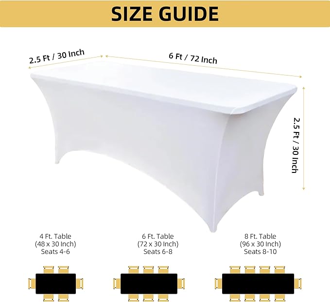 6-Pack 6ft White Spandex Table Covers for Rectangle Standard Folding Tables - Wrinkle Resistant Stretch Tablecloths - Ultimate Fitted Table Protector for Parties, Trade Shows, Wedding