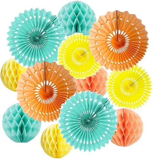 12pcs 6’’ 8’’ Honeycomb Balls Tissue Paper Fans Party Honeycomb Ball Fans Wall Tissue Pom Poms Flower Balls Hanging Paper Fans for Party Baby Shower Birthday Wedding Nursery Decor(Yellow Orange kit)