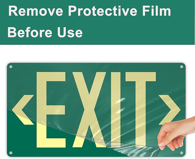 3Pack Photoluminescent Exit Sign Green - 14.25"x 7.5" Aluminum - Adhesive Backing- Includes 6pcs Removable Arrows - Glow In The Dark Exit Signs