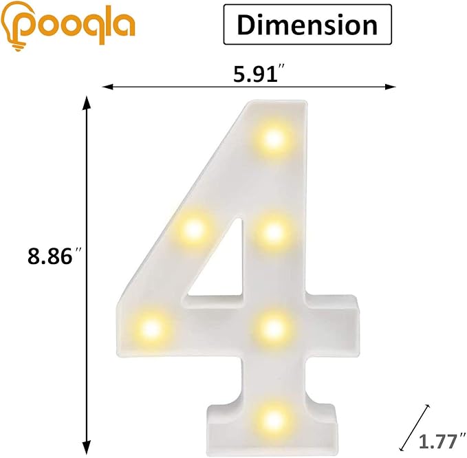 Decorative Led Light Up Number Letters, White Plastic Marquee Number Lights Sign Party Wedding Decor Battery Operated Number (4)