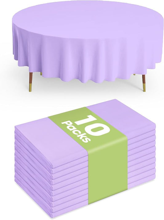 Pureegg Plastic Table Cloth Disposable 10 Pack, 84'' Round Table Cloths, Easter Party, Decorative Tablecloths, Round, Light Purple, Pastel, Plastic Cover, Leakproof & Sturdy, Lilac, Lavender