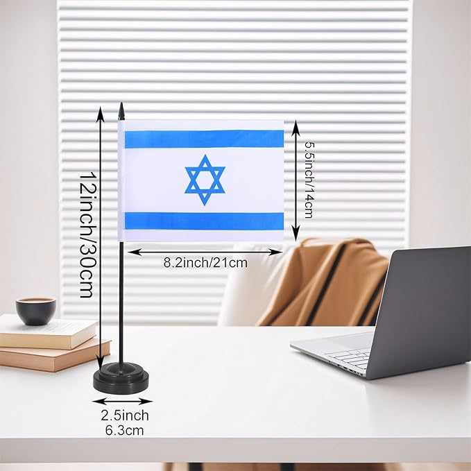 Israel Desk Flag 12" Solid Pole Deluxe Set Israeli Flags Banner Mini Small Israel Office Table Flags with Black Stand Base Desktop Decorations(2Pack)