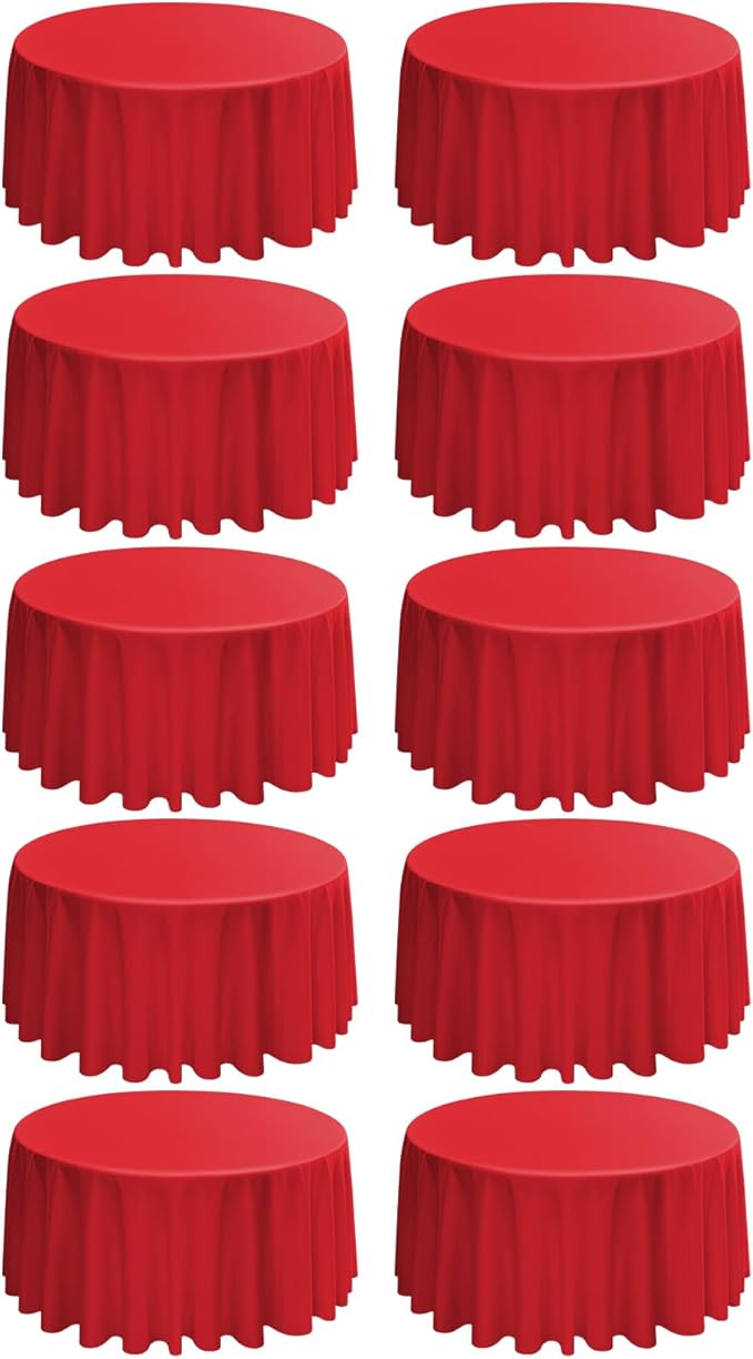 10 Pack Round Tablecloths - 120 Inch Red Polyester Cover for Round Tables, Stain and Wrinkle Resistant Washable Fabric Cloth for Wedding Banquet Parties