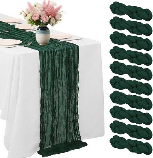 10 Pack Blackish Green Cheesecloth Table Runner -21*120Inch Long Boho Wedding Table Decor, Rustic Gauze Fabric Runner for Bridal Showers, Baby Showers & Parties (Sheer, Lightweight, Wrinkled Design)