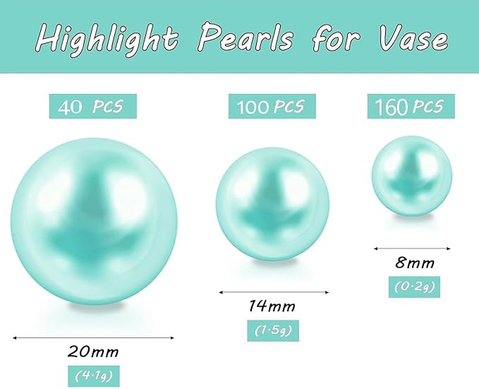 300Pcs Lake Blue Polished No Hole Faux Pearl Beads for Vase Filling Decorations, Plastic Pearls Vase Fillers, Table Scatters, Wedding Centerpiece, Home Decor, 8/14/20 mm