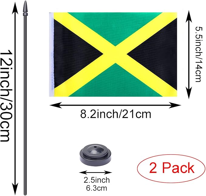 WXTWK 2 Pack Jamaica Flag Jamaica Deluxe Desk Flag Set - Mini Small Jamaican Table Office Flags with Black 12" Solid Pole Stand Base Classroom Meeting Desktop Decorations