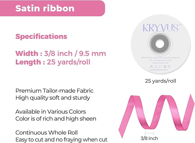 Hot Pink Satin Ribbon 3/8 inch X Continuous 25 Yards, Single Face Polyester Ribbon Perfect for Gift Wrapping, Flower Bouquet, Wedding Decor, Crafts, Bow Making, Sewing and More
