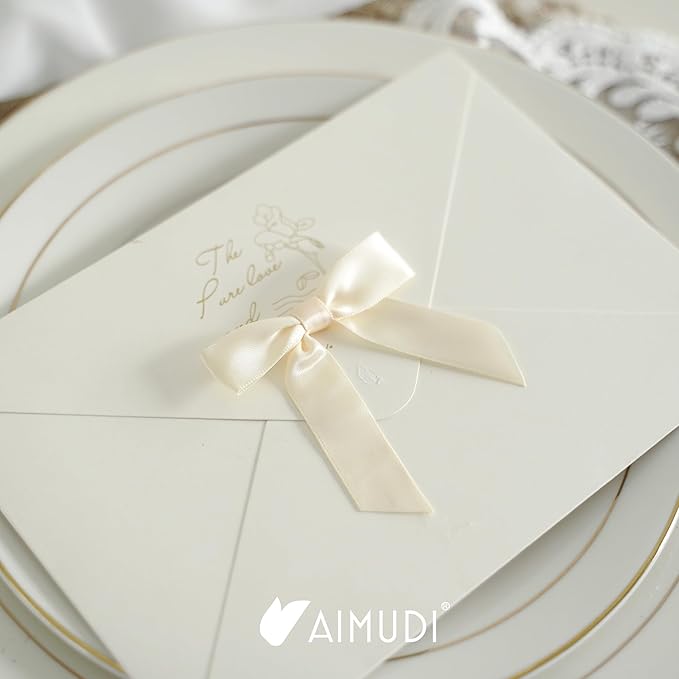 AIMUDI Ivory Bows 2.5" Pretied Satin Ribbon Bows Premade Twist Tie Bow for Treat Bags Cake Pop Bow for Wedding Favors Mini Bows for Gift Wrapping Baby Shower Decorations - 50 Counts