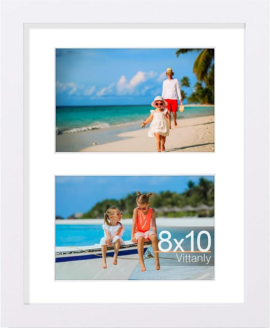 Vittanly 8x10 Collage Picture Frame, Displays 2Pcs 4x6 Pictures with Mat, Photo Frame for Wall Mounting or Table Top with Stand, White, 1 Pack
