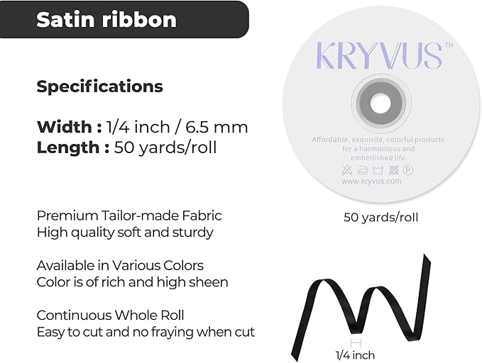 Black Satin Ribbon 1/4 inch X Continuous 50 Yards, Single Face Polyester Ribbon Perfect for Gift Wrapping, Flower Bouquet, Wedding Decor, Crafts, Bow Making, Sewing and More
