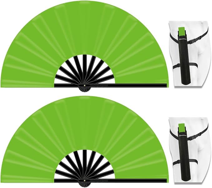 13" Large Folding Rave Fan with Holster, Clack Hand Fans Foldable for Line Dancing, Boots On The Ground Fan for Women Men Festival EDM Party Decoration, Green 2 Pack