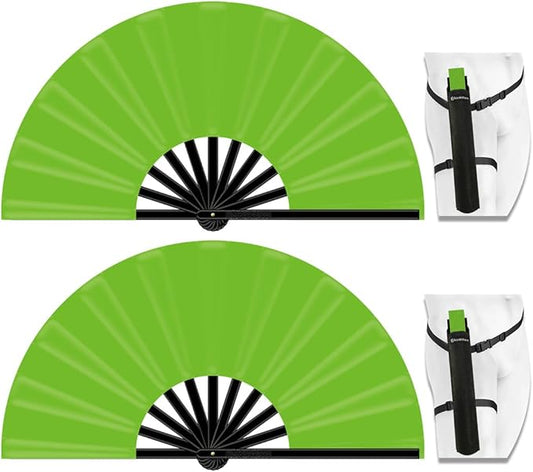 13" Large Folding Rave Fan with Holster, Clack Hand Fans Foldable for Line Dancing, Boots On The Ground Fan for Women Men Festival EDM Party Decoration, Green 2 Pack