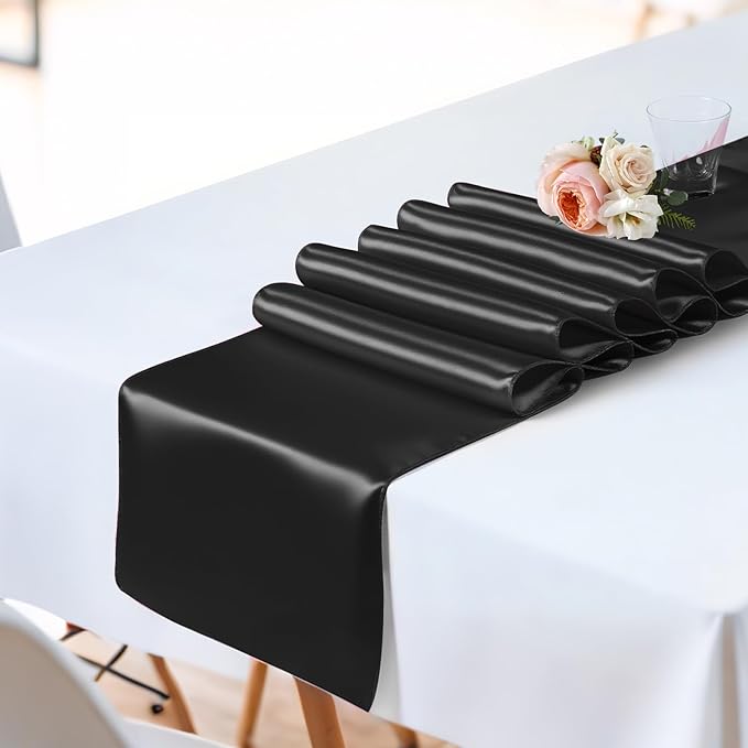 SHEJIZE 2 Pack Black Satin Table Runner 12x108 Inches Long, Bright Silky Smooth Satin Table Runner Table Decor for Wedding Banquet Christmas Prom Event Birthday Party