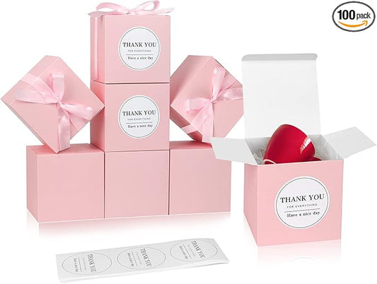 COTOPHER Small Gift Boxes 100 Pack 4x4x4 inches Pink Gift Boxes with Lids for Gifts, Crafting, Wedding Party Favor, Cupcake Boxes, Candy, Bridesmaids Proposal Box with Ribbons and Stickers (Pink, 100