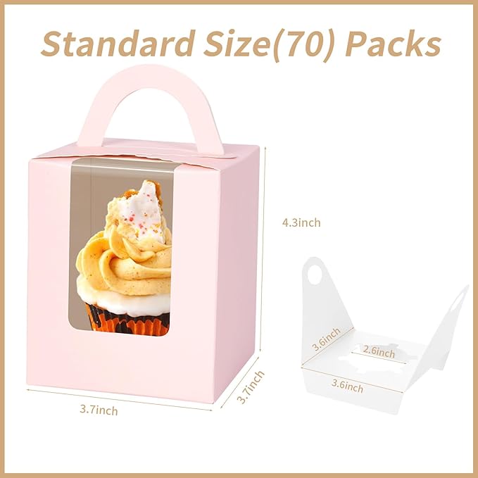 JCD Pink 70packs Cupcakes Containers with Insert Window and Handle,single Cupcake Holders box, Portable Cupcake Carriers for Bakery Wedding Party Favor(Pink/70Pcs)