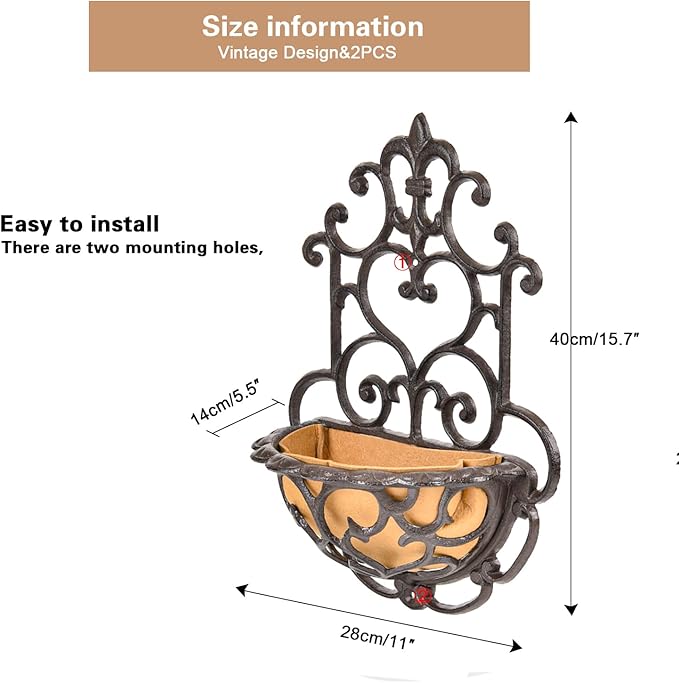 Sungmor 2 Pack Wall Hanging Planter Basket with Fabric Liner, Antique Victoria Style Cast Iron Wall Planter Holder, Outdoor Railing Fence Balcony Metal Hanging Basket Half Round Flower Pots