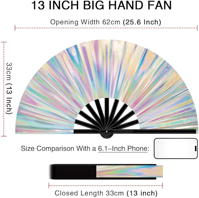 13" Large Folding Rave Fan with Holster, Clack Hand Fans Foldable for Line Dancing, Boots On The Ground Fan for Women Men Festival EDM Party Decoration, Holographic White 2 Pack