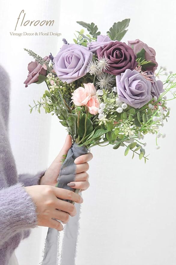 Floroom Artificial Flowers 25pcs Real Looking Lilac Foam Fake Roses with Stems for DIY Wedding Bouquets Bridal Shower Centerpieces Floral Arrangements Party Tables Home Decorations