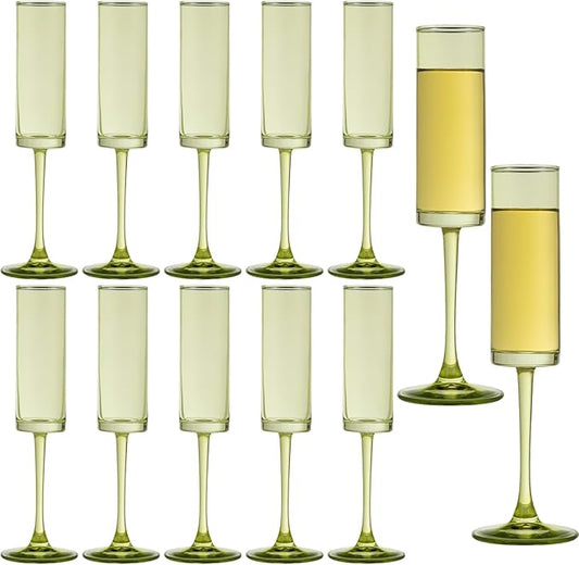 12 Pieces Green Champagne Flutes 6 OZ Straight Sided Wine Glasses Champagne Long Stem Drinking Colored Glasses,Set of 12 Hand Blown Champagne Flutes Goblets for Wedding Cocktail Cups,Cava, Prosecco