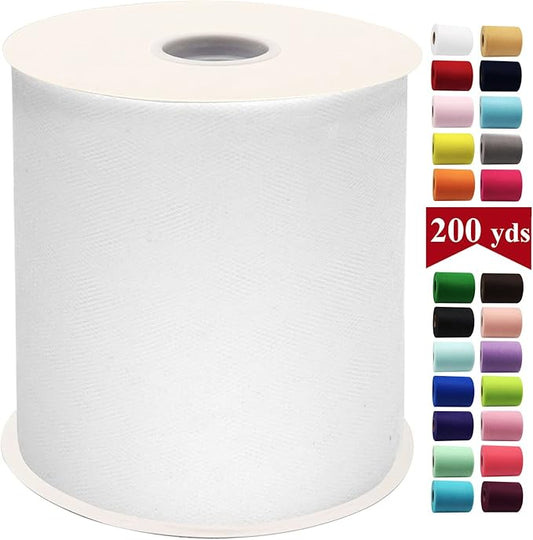 White Tulle Fabric Rolls 6 Inch by 200 Yards (600 feet) Fabric Spool Tulle Ribbon for DIY White Tutu Bow Baby Shower Birthday Party Wedding Christmas Decorations Craft Supplies