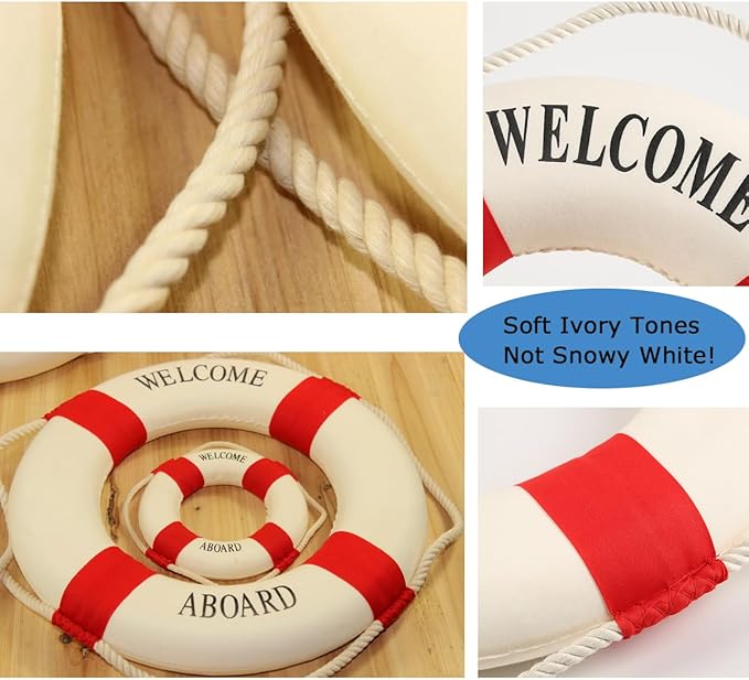 MorroMorn Lifebuoy Wall Hanging Decor - Welcome Aboard Mediterranean Style Home Decoration (Red, 20")